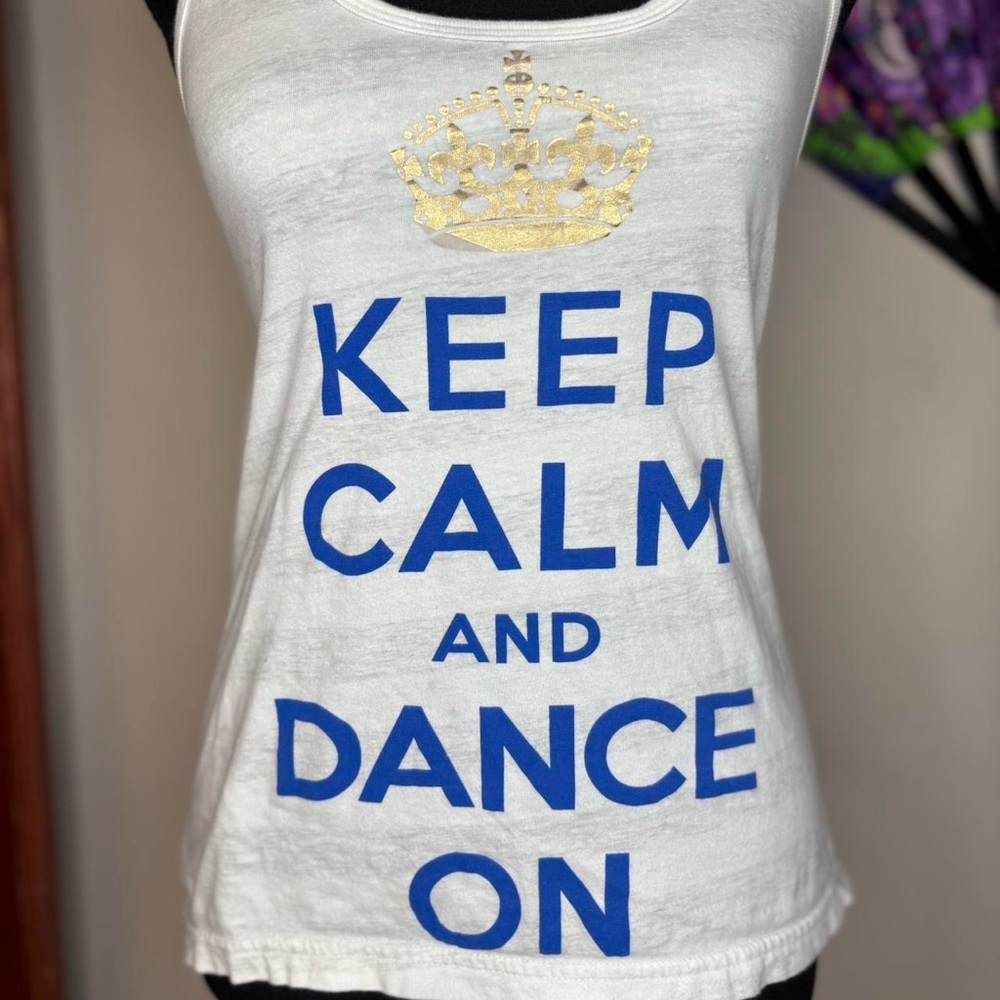Sugar and Bruno
KEEP CALM & DANCE ON White Tank Top w/ Blue & Gold text